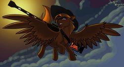 Size: 1280x697 | Tagged: safe, artist:quicksilver1987, oc, oc only, oc:calamity, pegasus, pony, fallout equestria, anti-machine rifle, anti-materiel rifle, cloud, cowboy hat, dashite, fanfic, fanfic art, flying, gun, hat, hooves, male, rifle, solo, spitfire's thunder, stallion, weapon, wings