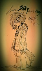 Size: 430x720 | Tagged: safe, artist:zombie-witch, marble pie, earth pony, pony, g4, bipedal, choker, clothes, female, lonely inky, solo, traditional art