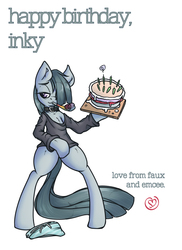 Size: 3333x4583 | Tagged: safe, artist:lilfaux, marble pie, earth pony, pony, g4, bipedal, blue underwear, cake, choker, clothes, female, food, happy birthday, hoodie, lonely inky, panties, party horn, solo, striped underwear, underwear