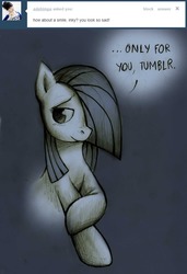 Size: 878x1280 | Tagged: safe, artist:lonelycross, marble pie, pony, ask lonely inky, g4, female, lonely inky, shy, smiling, solo, talking, tumblr