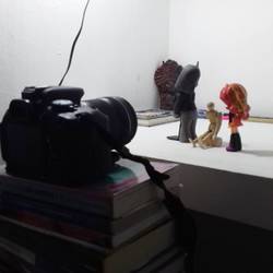 Size: 1080x1080 | Tagged: safe, artist:ange91970, marble pie, sunset shimmer, equestria girls, g4, bipedal, camera, choker, craft, doll, equestria girls minis, female, figurine, lonely inky, photo, sculpture, solo, toy