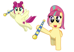 Size: 1008x710 | Tagged: safe, artist:fskindness, majorette, sour sweet, sweeten sour, pegasus, pony, equestria girls, g4, baton, cheerleader, equestria girls ponified, female, flying, freckles, ponified, sisters, smiling at you, sweetly and sourly, twin sisters
