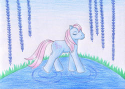 Size: 1280x909 | Tagged: safe, artist:normaleeinsane, blue mist, pony, g3, eyes closed, female, flower, solo, traditional art, water