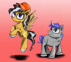 Size: 1016x886 | Tagged: safe, artist:chopsticks, oc, oc only, pegasus, pony, unicorn, female, flying, hat, male, mare, oc x oc, shipping, stallion, unshorn fetlocks