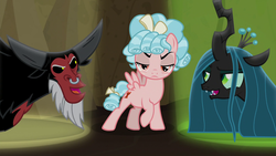 Size: 1920x1080 | Tagged: safe, screencap, cozy glow, lord tirek, queen chrysalis, centaur, changeling, changeling queen, pegasus, pony, frenemies (episode), g4, better way to be bad, cozy glow is not amused, female, filly, foal, lidded eyes, male, spotlight