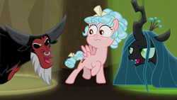 Size: 1920x1080 | Tagged: safe, screencap, cozy glow, lord tirek, queen chrysalis, changeling, changeling queen, pegasus, pony, frenemies (episode), g4, better way to be bad, cozy glow is best facemaker, female, filly, foal, male, nose piercing, nose ring, piercing, raised hoof, septum piercing, spotlight, trio