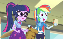 Size: 500x310 | Tagged: safe, screencap, rainbow dash, sci-twi, twilight sparkle, equestria girls, g4, my little pony equestria girls: better together, overpowered (equestria girls), backpack, cute, dashabetes, female, food, geode of super speed, glasses, magical geodes, open mouth, ponytail, sandwich