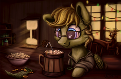 Size: 2765x1819 | Tagged: safe, artist:sharimapic, oc, oc:donnik, earth pony, pony, appleloosa, cider, commission, glasses, pub, sunshine, western, ych result