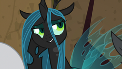 Size: 1920x1080 | Tagged: safe, screencap, lord tirek, queen chrysalis, changeling, changeling queen, frenemies (episode), g4, aside glance, better way to be bad, cheek squish, crown, cute, cutealis, evil lair, evil smile, eyeshadow, face on hoof, female, former queen chrysalis, freckles, grin, grogar's lair, head on hoof, hoof on cheek, insect wings, jewelry, lair, makeup, regalia, singing, slit pupils, smiling, solo focus, spread wings, squishy cheeks, supporting head, wings