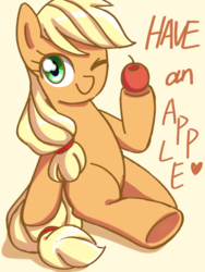 Size: 1080x1440 | Tagged: safe, artist:tastyrainbow, applejack, earth pony, pony, g4, apple, cute, female, food, jackabetes, mare, obligatory apple, one eye closed, simple background, sitting, solo, underhoof, wink, yellow background