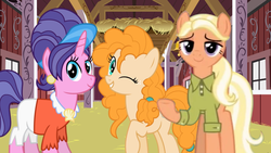 Size: 1280x720 | Tagged: safe, cookie crumbles, mane allgood, pear butter, earth pony, pegasus, pony, unicorn, g4, the last crusade, the perfect pear, blurry, clothes, female, mare, mothers, one eye closed, raised hoof, shirt, trio, wink