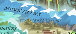 Size: 434x196 | Tagged: safe, editor:undeadponysoldier, gameloft, screencap, g4, lake, map of equestria, mountain, mountain range, no pony, our town, rainbow, rainbow falls (location), snowy mountain, starlight's village, village, water, waterfall