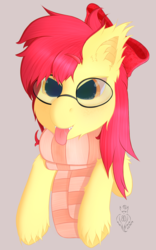 Size: 2000x3200 | Tagged: safe, artist:batsdisaster, apple bloom, bat pony, pony, g4, bat ponified, clothes, fangs, female, glasses, high res, race swap, scarf, tongue out