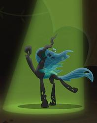 Size: 850x1080 | Tagged: safe, screencap, queen chrysalis, changeling, changeling queen, frenemies (episode), g4, better way to be bad, cropped, eyes closed, female, majestic as fuck, raised hoof, solo, spotlight