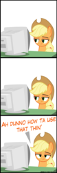 Size: 2000x6000 | Tagged: safe, artist:ace play, applejack, earth pony, pony, comic:twilight vs. computer, g4, applejack is not amused, applejack vs computer, bored, comic, computer reaction faces, crt, dell, female, looking at you, monitor, solo, unamused