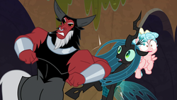 Size: 1920x1080 | Tagged: safe, screencap, cozy glow, lord tirek, queen chrysalis, centaur, changeling, changeling queen, pegasus, pony, frenemies (episode), g4, female, filly, foal, male, nose piercing, nose ring, piercing, septum piercing, trio