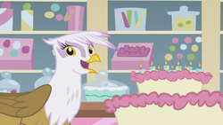 Size: 1366x768 | Tagged: safe, screencap, gilda, griffon, g4, griffon the brush off, cake, female, food, happy, smiling, solo, when she smiles