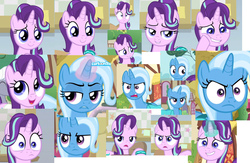 Size: 1456x948 | Tagged: safe, edit, screencap, starlight glimmer, trixie, pony, g4, student counsel, cartoonito logo, duo, smiling, trixie is not amused, unamused