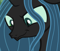 Size: 209x179 | Tagged: safe, editor:undeadponysoldier, gameloft, screencap, queen chrysalis, changeling, changeling queen, g4, adorable face, caption, close-up, cropped, cute, cutealis, evil smirk, extreme close-up, female, game, looking at you, mare, one ear down, silly face, smiling, smirk, solo