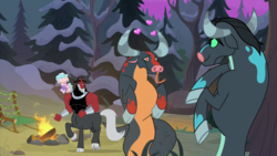 Size: 2100x1181 | Tagged: safe, screencap, cozy glow, lord tirek, queen chrysalis, centaur, ophiotaurus, pegasus, pony, frenemies (episode), g4, campfire, cloven hooves, colored sclera, disguise, disguised changeling, female, filly, foal, forked tongue, green sclera, heart, heart eyes, male, raised hoof, tongue out, wingding eyes