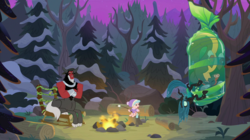 Size: 2100x1180 | Tagged: safe, screencap, cozy glow, lord tirek, queen chrysalis, centaur, changeling, changeling queen, ophiotaurus, pegasus, pony, frenemies (episode), g4, bare tree, blurry, bow, campfire, chair, clothes, cloven hooves, cocoon, crossed arms, female, filly, foal, food, forest, freckles, hair bow, hat, log, losers club, male, marshmallow, nose piercing, nose ring, piercing, pine tree, septum piercing, sitting, snow, tree, tree stump, upside down, winter outfit