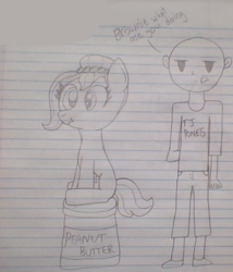 Size: 602x704 | Tagged: safe, artist:nightshadowmlp, oc, oc only, oc:brownie bun, oc:richard, earth pony, human, pony, clothes, dialogue, female, food, lined paper, male, peanut butter, scrunchy face, shirt, sitting, t-shirt, text, traditional art
