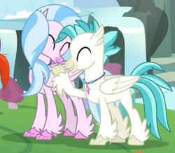 Size: 1082x943 | Tagged: safe, screencap, silverstream, sunburst, terramar, hippogriff, g4, student counsel, brother and sister, cropped, cute, diastreamies, eyes closed, female, hug, jewelry, male, necklace, offscreen character, siblings, smiling, terrabetes, wings