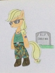 Size: 3264x2448 | Tagged: safe, artist:don2602, applejack, earth pony, semi-anthro, g4, american flag, arm hooves, boots, capcom, crossover, dog tags, female, gravestone, guile, high res, implied death, serious, serious face, shoes, solo, street fighter, sunglasses, tattoo, traditional art