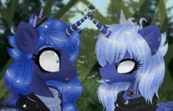 Size: 3500x2250 | Tagged: safe, artist:darkest-lunar-flower, princess luna, alicorn, pony, g4, clothes, confused, crossed horns, dream, dream walker luna, duality, duo, female, forest, high res, horn, horns are touching, mare, s1 luna, self ponidox, sweater, the fun has been doubled, wat