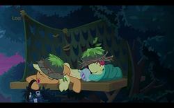 Size: 1280x800 | Tagged: safe, screencap, apple bloom, applejack, earth pony, pony, g4, going to seed, my little pony: friendship is magic, binoculars, drool, helmet, majestic as fuck, pillow, sleeping