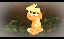 Size: 1280x800 | Tagged: safe, screencap, applejack, earth pony, pony, g4, going to seed, blank flank, cute, female, filly, filly applejack, floppy ears, freckles, jackabetes, sad, sadorable, sitting, solo, younger