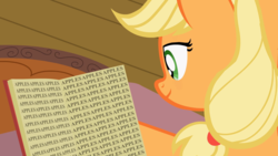 Size: 1920x1080 | Tagged: safe, artist:forgalorga, applejack, everypony is strange, g4, apple, applenese, book, food, it came from youtube, reading, smiling, text, that pony sure does love apples, tl;dr, youtube link