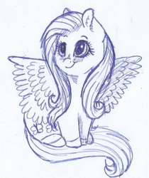 Size: 546x649 | Tagged: safe, artist:69beas, fluttershy, pegasus, pony, g4, chibi, cute, female, mare, monochrome, solo, spread wings, traditional art, wings