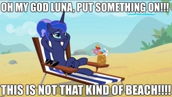 Size: 2048x1152 | Tagged: safe, edit, edited screencap, screencap, princess luna, pony, between dark and dawn, g4, beach, beach chair, bendy straw, caption, cartoonito logo, chair, cocktail umbrella, drink, drinking straw, excessive exclamation marks, female, food, fruit, herbivore, hooves behind head, image macro, implied nudity, lewd, mare, pineapple, solo, straw, strawberry, sunbathing, sunglasses, text, we don't normally wear clothes