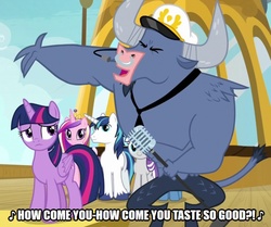 Size: 599x500 | Tagged: safe, edit, edited screencap, screencap, iron will, night light, princess cadance, shining armor, twilight sparkle, twilight velvet, alicorn, minotaur, pony, unicorn, g4, once upon a zeppelin, airship, brown sugar (song), caption, cropped, image macro, microphone, rolling stones, song reference, text, the rolling stones, twilight sparkle (alicorn), zeppelin