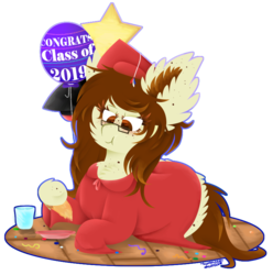 Size: 802x810 | Tagged: safe, artist:vanillaswirl6, oc, oc only, oc:historic shine, pony, balloon, clothes, confetti, cup, dress, eating, food, freckles, glasses, graduate, graduation, graduation cap, hat, hoof hold, paper plate, pizza, solo