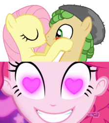 Size: 852x955 | Tagged: safe, artist:mlpfan3991, edit, edited screencap, screencap, fluttershy, pinkie pie, sandalwood, pony, coinky-dink world, eqg summertime shorts, equestria girls, g4, equestria girls ponified, female, heart, heart eyes, male, meme, pinkie's eyes, ponified, sandalshy, shipping, shipping domino, straight, wingding eyes