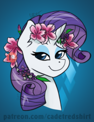 Size: 769x997 | Tagged: safe, artist:cadetredshirt, rarity, pony, unicorn, g4, bust, female, flower, flower in hair, gradient background, looking at camera, looking at you, patreon, simple background, smiling, solo