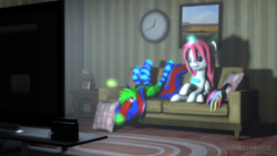 Size: 1920x1080 | Tagged: safe, artist:christian69229, oc, oc only, oc:christian clefnote, oc:nekonin, alicorn, pony, 3d, alicorn oc, clock, clothes, couch, joycon, male, nintendo switch, playing, socks, source filmmaker, stallion, striped socks, television, upside down