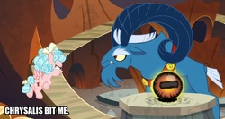 Size: 698x372 | Tagged: safe, edit, edited screencap, screencap, cozy glow, grogar, pegasus, pony, sheep, frenemies (episode), g4, biting, bitten, bow, butt, caption, cozy glutes, cozybuse, crystal ball, female, filly, flying, grogar is not amused, grogar's orb, hair bow, image macro, implied queen chrysalis, male, plot, ram, text