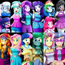 Size: 1024x1024 | Tagged: safe, artist:the-butch-x, edit, applejack, bon bon, fluttershy, juniper montage, lyra heartstrings, octavia melody, pinkie pie, rainbow dash, rarity, sci-twi, starlight glimmer, sunset shimmer, sweetie drops, trixie, twilight sparkle, vignette valencia, wallflower blush, equestria girls, g4, my little pony equestria girls: better together, anime, background human, breasts, cleavage, clothes, collage, dress, fluttershy boho dress, geode of empathy, geode of fauna, geode of shielding, geode of sugar bombs, geode of super strength, geode of telekinesis, magical geodes