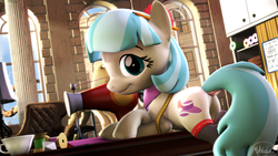 Size: 3840x2160 | Tagged: safe, artist:whiteskyline, coco pommel, earth pony, pony, g4, 3d, butt, clothes, column, copper and tellurium, dock, female, high res, lamp, looking at you, mare, plot, sewing machine, solo, source filmmaker, stockings, thigh highs