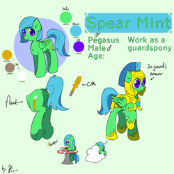 Size: 1080x1080 | Tagged: safe, artist:jerryenderby, oc, oc only, oc:spear mint, pegasus, pony, armor, breakfast, burger, cloud, commission, cutie mark, flank, food, guard, looking at you, male, reference sheet, simple background, simple shading, sleeping, smiling, standing, sticker, table