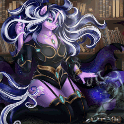 Size: 900x900 | Tagged: safe, artist:mdwines, oc, oc only, dragon, unicorn, anthro, animated, anthro oc, book, breasts, cleavage, clothes, commission, crystal, fantasy class, female, garter belt, gold, green eyes, jacket, jewelry, leather boots, leather jacket, mage, magic, magician outfit, multicolored hair, pendant, pink skin, purple skin, socks, solo, thigh highs, ych example, ych result