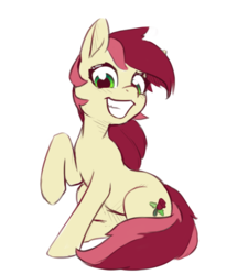 Size: 874x972 | Tagged: artist needed, dead source, safe, roseluck, earth pony, pony, g4, cute, female, mare, simple background, sitting, smiling, solo, white background