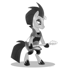 Size: 768x768 | Tagged: safe, artist:tim-kangaroo, fizzlepop berrytwist, tempest shadow, pony, unicorn, g4, bipedal, female, guitar, hoof hold, looking down, magic, mare, monochrome, musical instrument, playing instrument, shadow, simple background, solo, white background