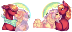 Size: 1239x551 | Tagged: safe, artist:malinraf1615, big macintosh, fluttershy, earth pony, pony, g4, bandana, blushing, butterscotch, cheek fluff, chest feathers, eyes closed, female, gay, half r63 shipping, lesbian, male, neck fluff, obtrusive watermark, rule 63, ship:buttermac, ship:fluttermac, ship:flutterreina, shipping, signature, simple background, transparent background, watermark