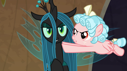 Size: 1920x1080 | Tagged: safe, screencap, cozy glow, queen chrysalis, changeling, changeling queen, pegasus, pony, frenemies (episode), g4, cozy glow is not amused, duo, female, filly, foal
