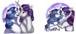 Size: 1254x571 | Tagged: safe, artist:malinraf1615, fancypants, rarity, pony, g4, blushing, elusive, fancy skirt, female, half r63 shipping, lesbian, male, missing accessory, rule 63, ship:elusivepants, ship:raripants, ship:rariskirt, shipping, simple background, transparent background