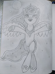 Size: 3016x4032 | Tagged: safe, artist:zeka10000, princess luna, pony, g4, drawing, flying, happy, happy face, looking up, moon, night, night sky, notebook, pencil drawing, sketch, sky, stars, traditional art, wondering